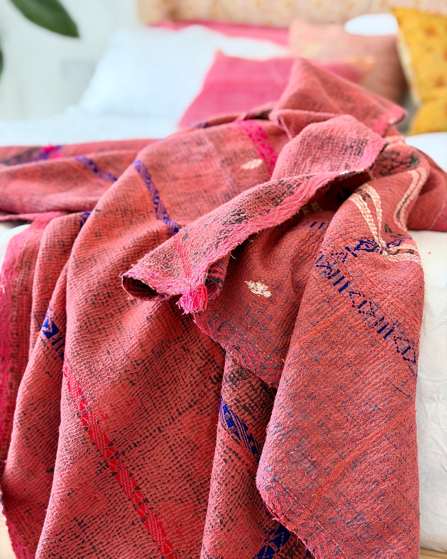 Extra Large Embroidered Vintage Kantha Quilt in Deep Red