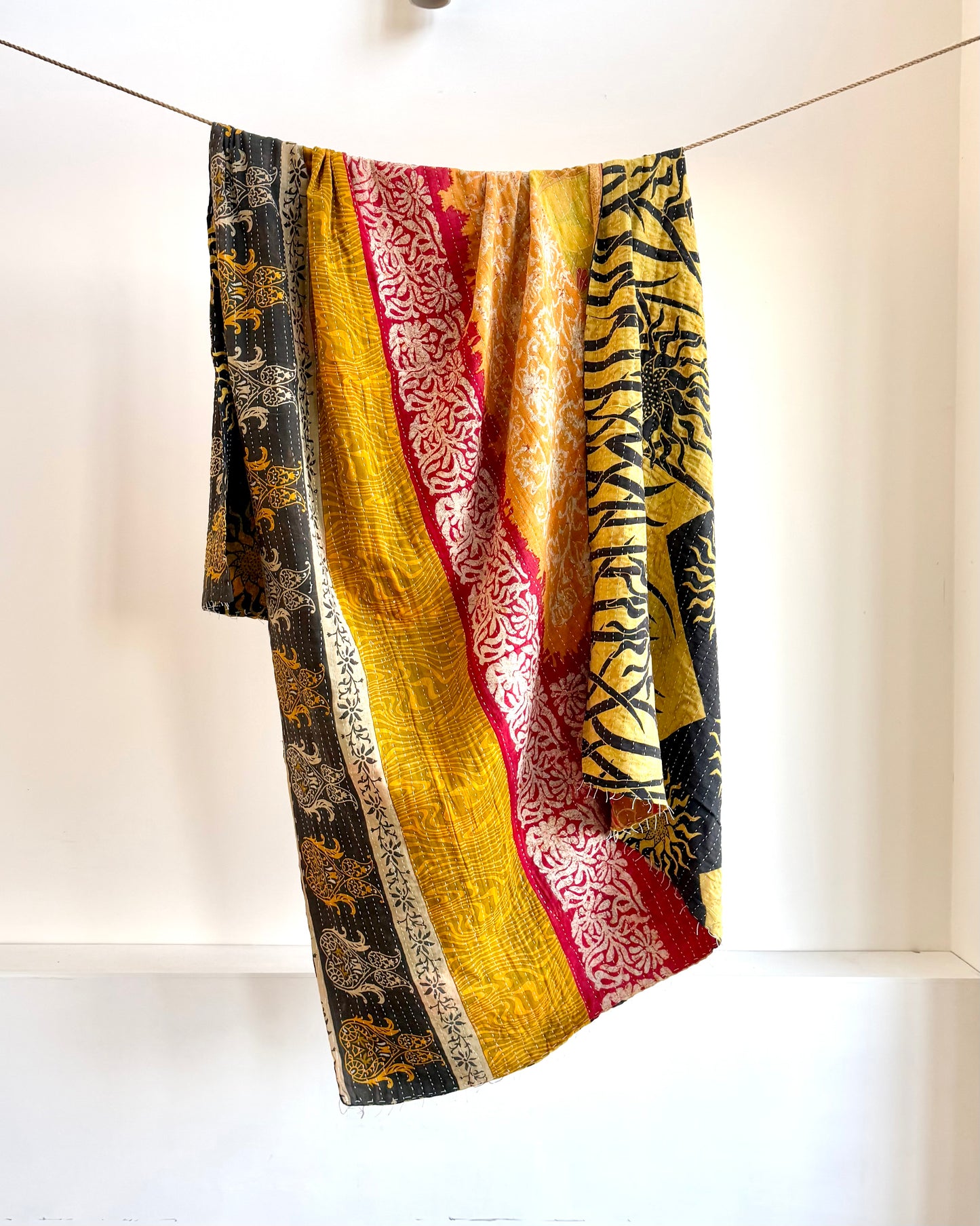 Vintage Cotton Kantha Quilt In Green And Yellow #38