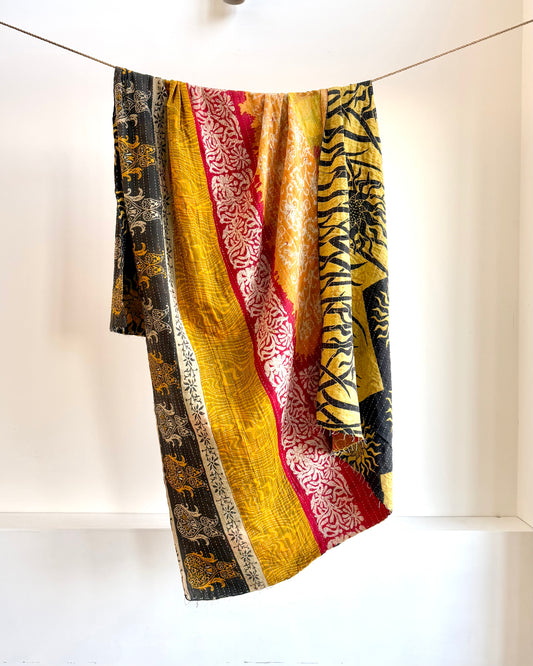 Vintage Cotton Kantha Quilt In Green And Yellow #38