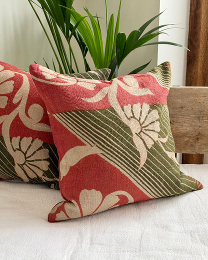 Vintage Kantha Cushion In Green and Pink- 45cm Square