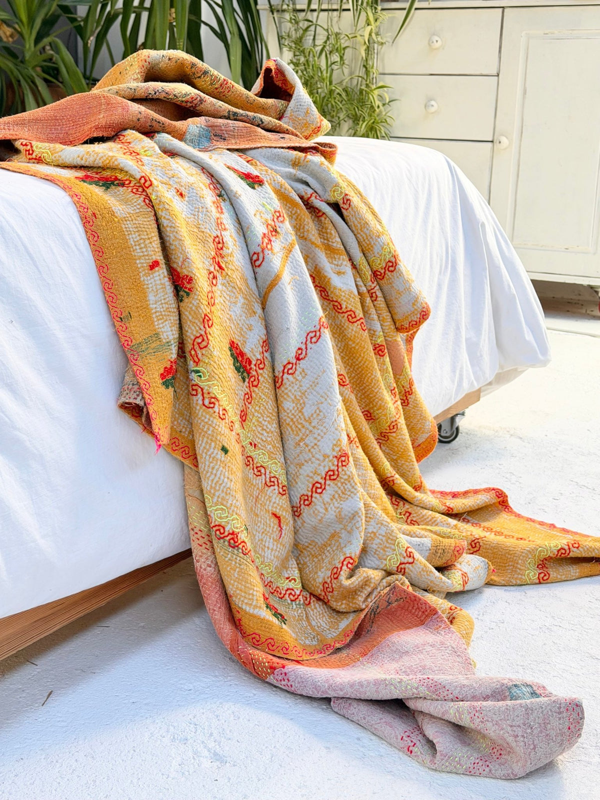 Embroidered Vintage Kantha Quilt in Yellow and Pink - Biggs & Hill