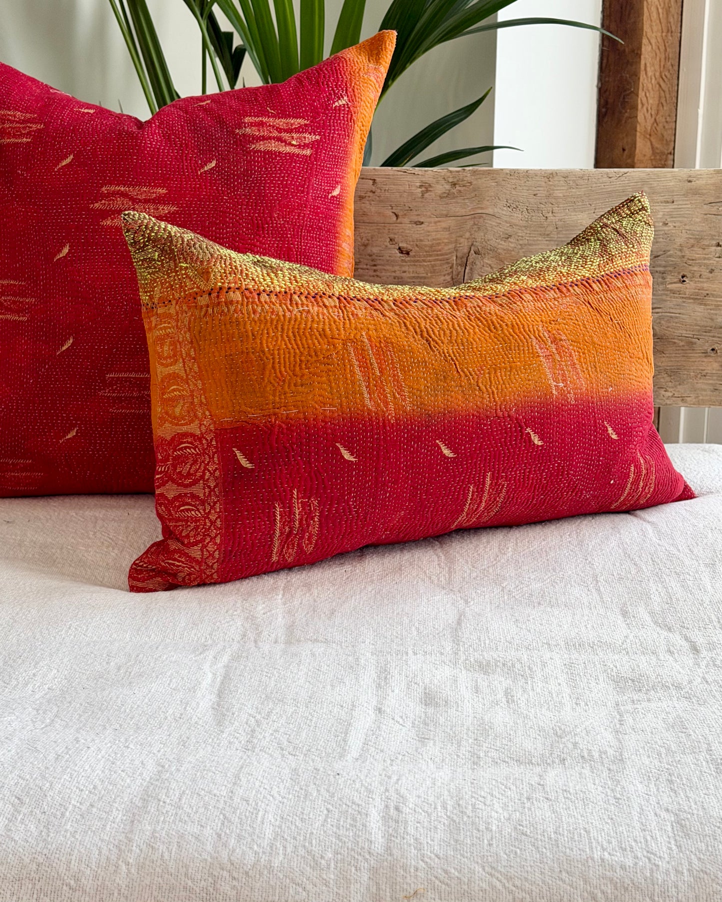 Vintage Kantha Cushion In Red Orange and Green - Small Rectangular