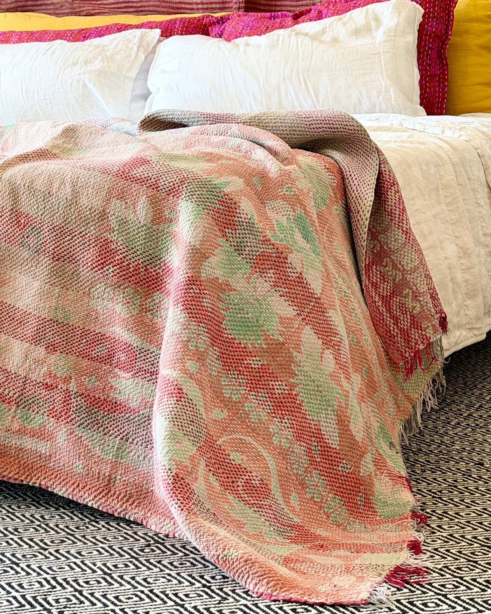 Heavy Kantha Blanket Quilt With Pink Stripes - Biggs & Hill