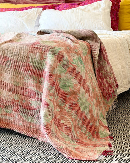 Heavy Kantha Blanket Quilt With Pink Stripes - Biggs & Hill
