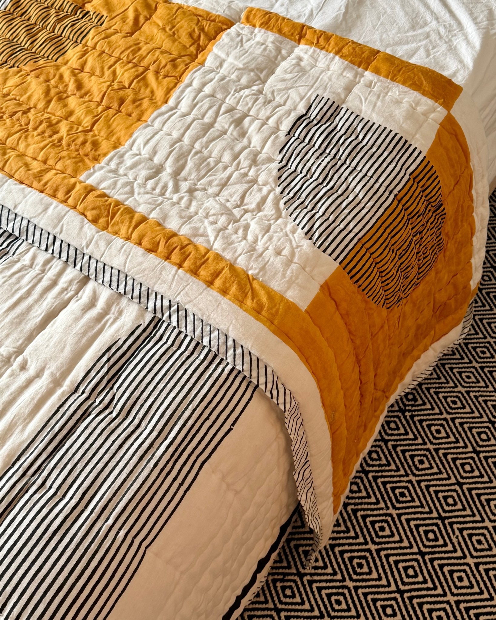 Quilted Kantha In Black, White and Orange With Geometric Squares - SUPER KING - Biggs & Hill