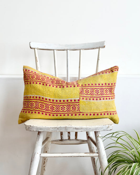 Vintage Kantha Cushion In Lime Green and Pink - Small Rectangular