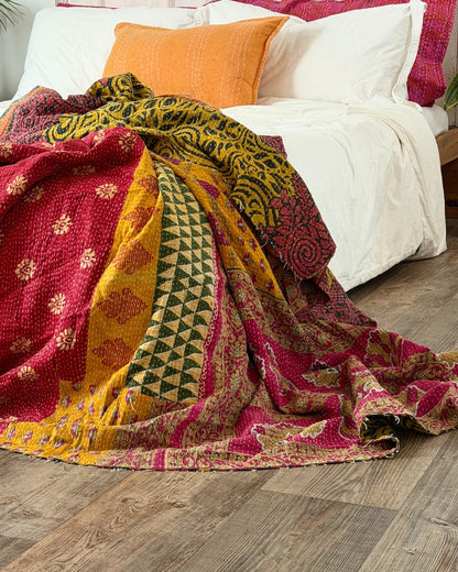 Super King Vintage Kantha Quilt in Green, Purple, Yellow and Red - Biggs & Hill