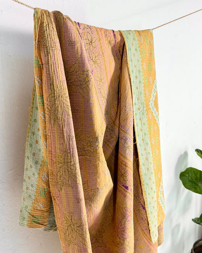 Extra Large Fine Stitched Vintage Kantha Quilt in Geometric Yellow and Green - Biggs & Hill