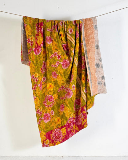 Large Fine Stitched Vintage Kantha Quilt in Bold Pink and Yellow Floral - Biggs & Hill