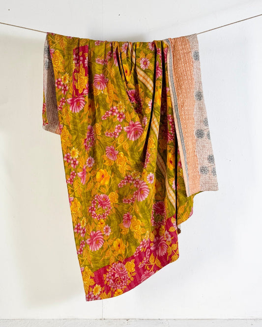 Large Fine Stitched Vintage Kantha Quilt in Bold Pink and Yellow Floral