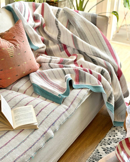 Large Heavy Fine Stitched Embroidered Vintage Kantha Quilt in White and Pink - Biggs & Hill