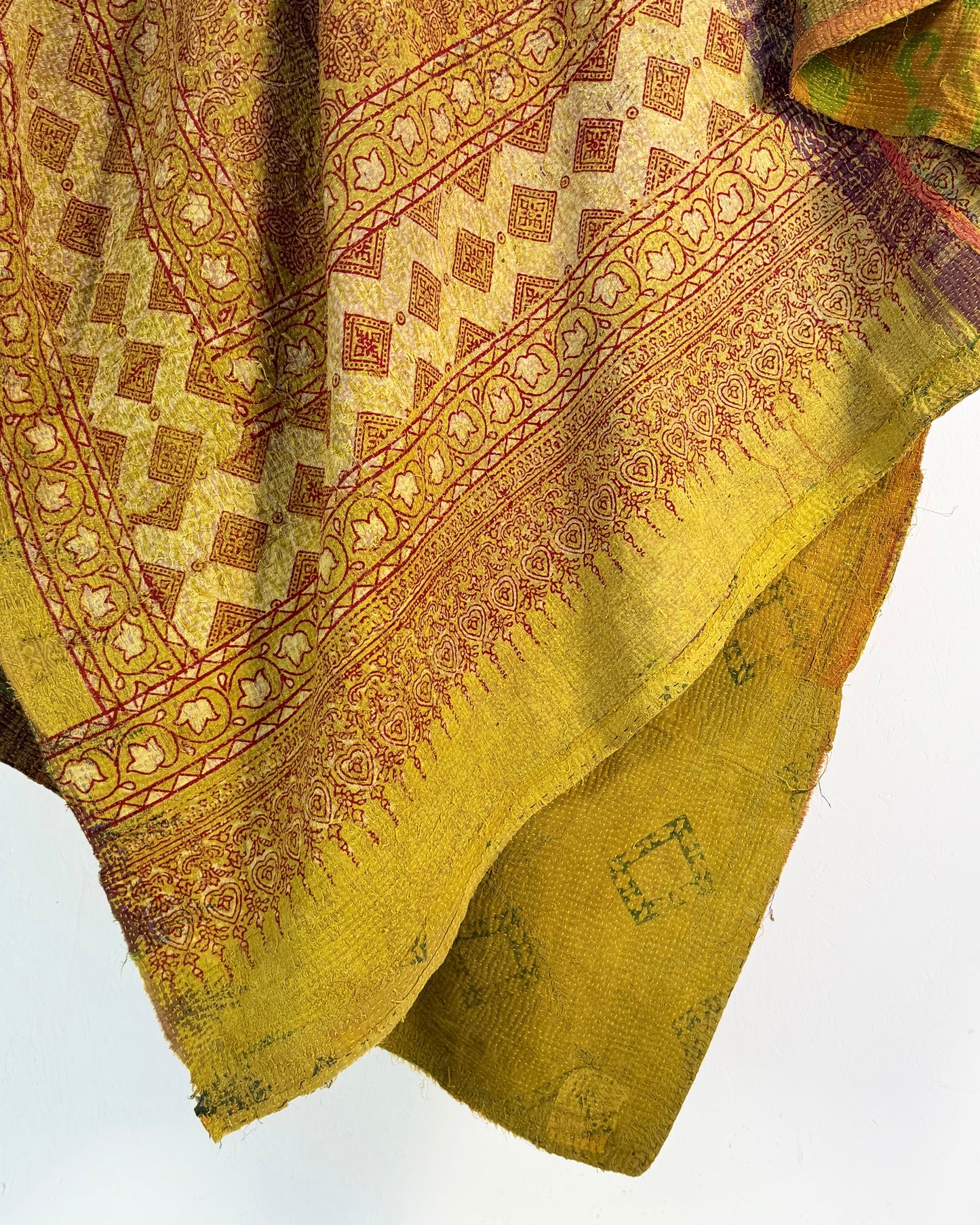 Extra Large Ajrakh Printed Vintage Kantha Quilt In Green-Gold