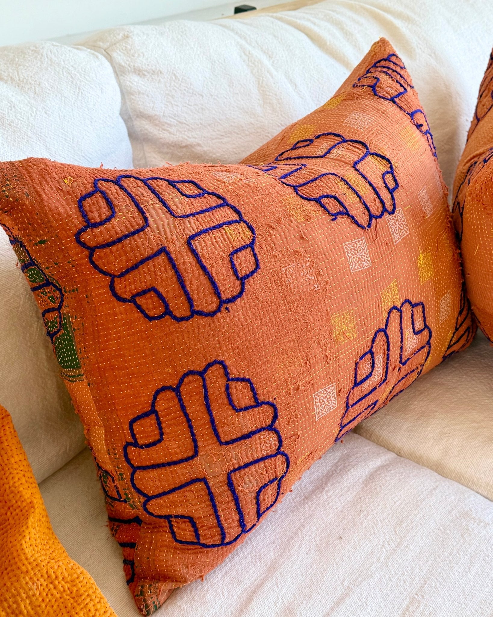 Vintage Kantha Cushion In Terracotta 02 - Large Rectangular - Biggs & Hill
