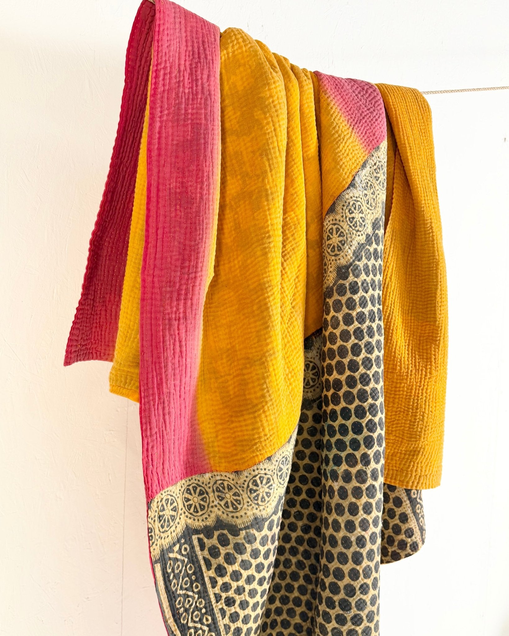 Fine Stitched Vintage Kantha Quilt in Vibrant Pink and Yellow with Dot Pattern - Biggs & Hill