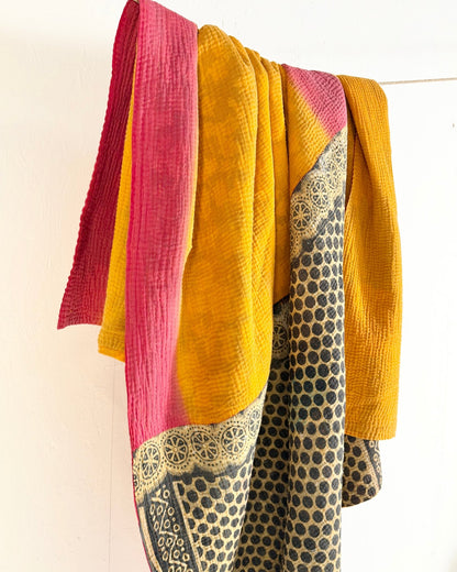 Fine Stitched Vintage Kantha Quilt in Vibrant Pink and Yellow with Dot Pattern - Biggs & Hill