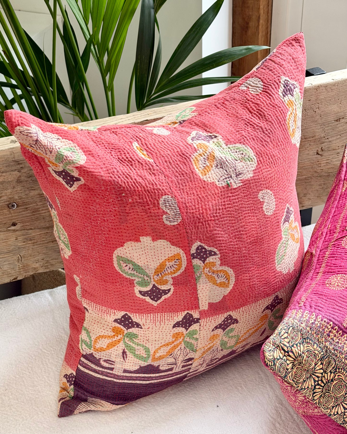 Vintage Kantha Cushion In Pink and Purple - 45cm Square