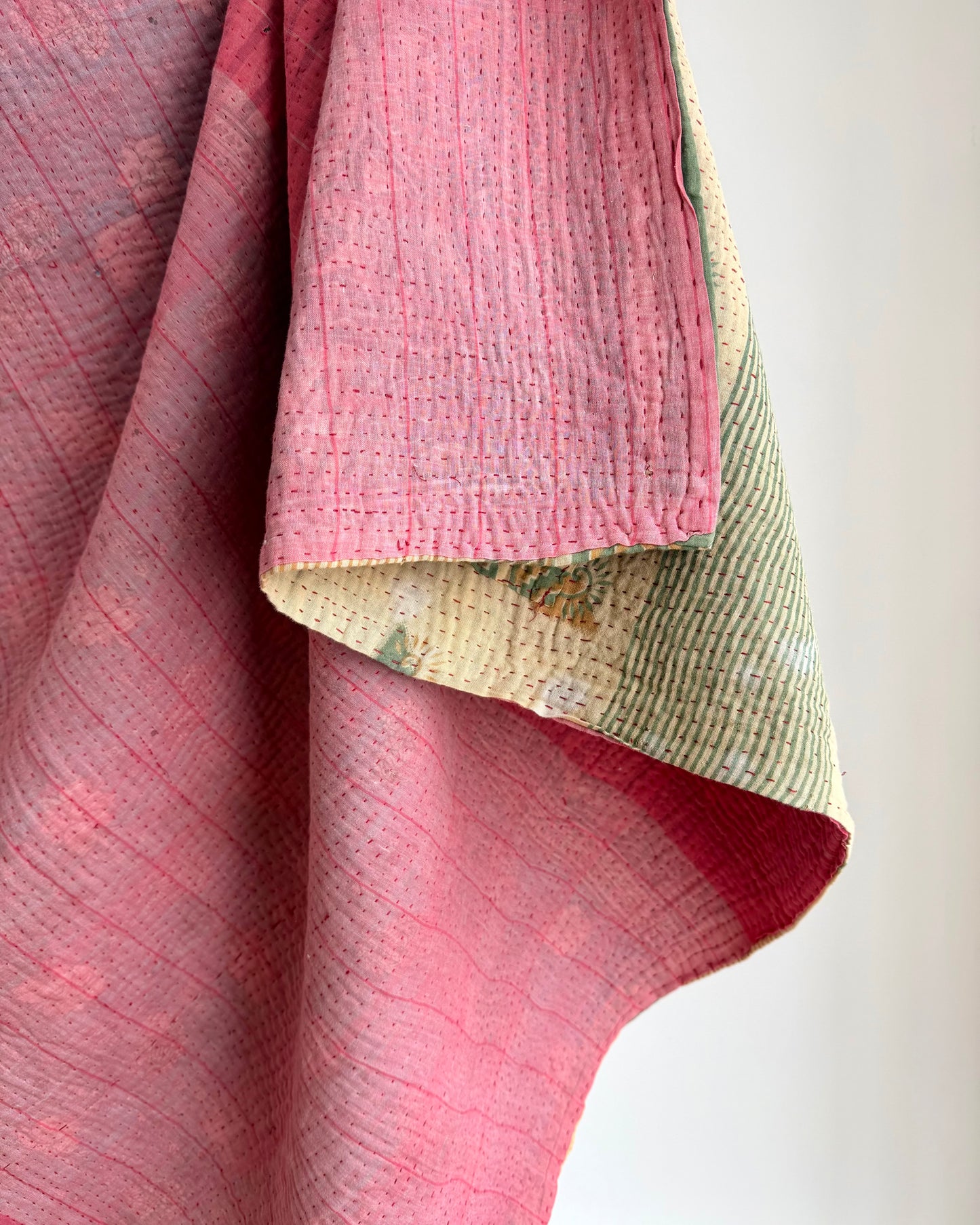 Fine Stitched Vintage Kantha Quilt in Super Soft Pink and Olive Green