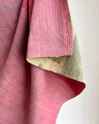 Fine Stitched Vintage Kantha Quilt in Super Soft Pink and Olive Green