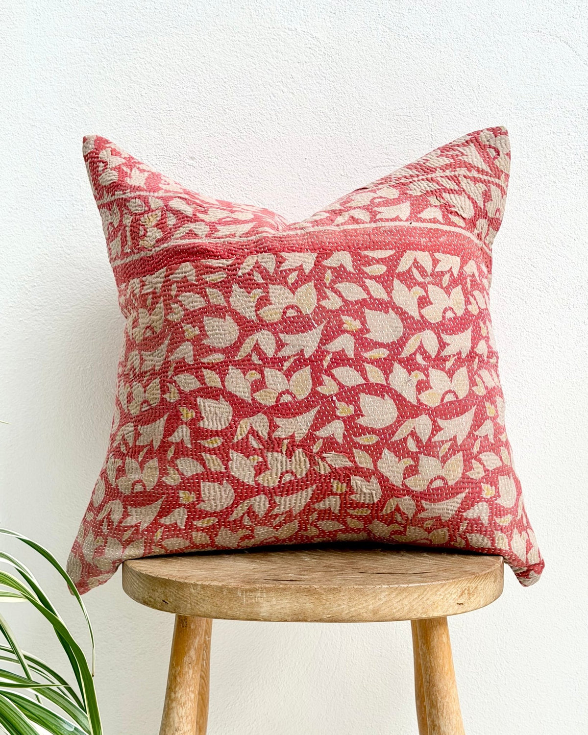Handmade Vintage Kantha Cushion Cover In Pink Floral - 45cm (18") - Biggs & Hill