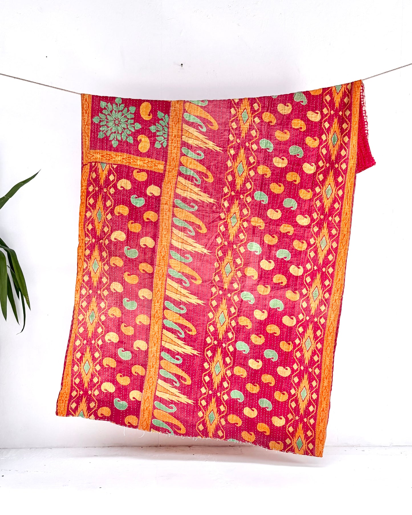 Vintage Cotton Kantha Quilt In Yellow and Pink #49