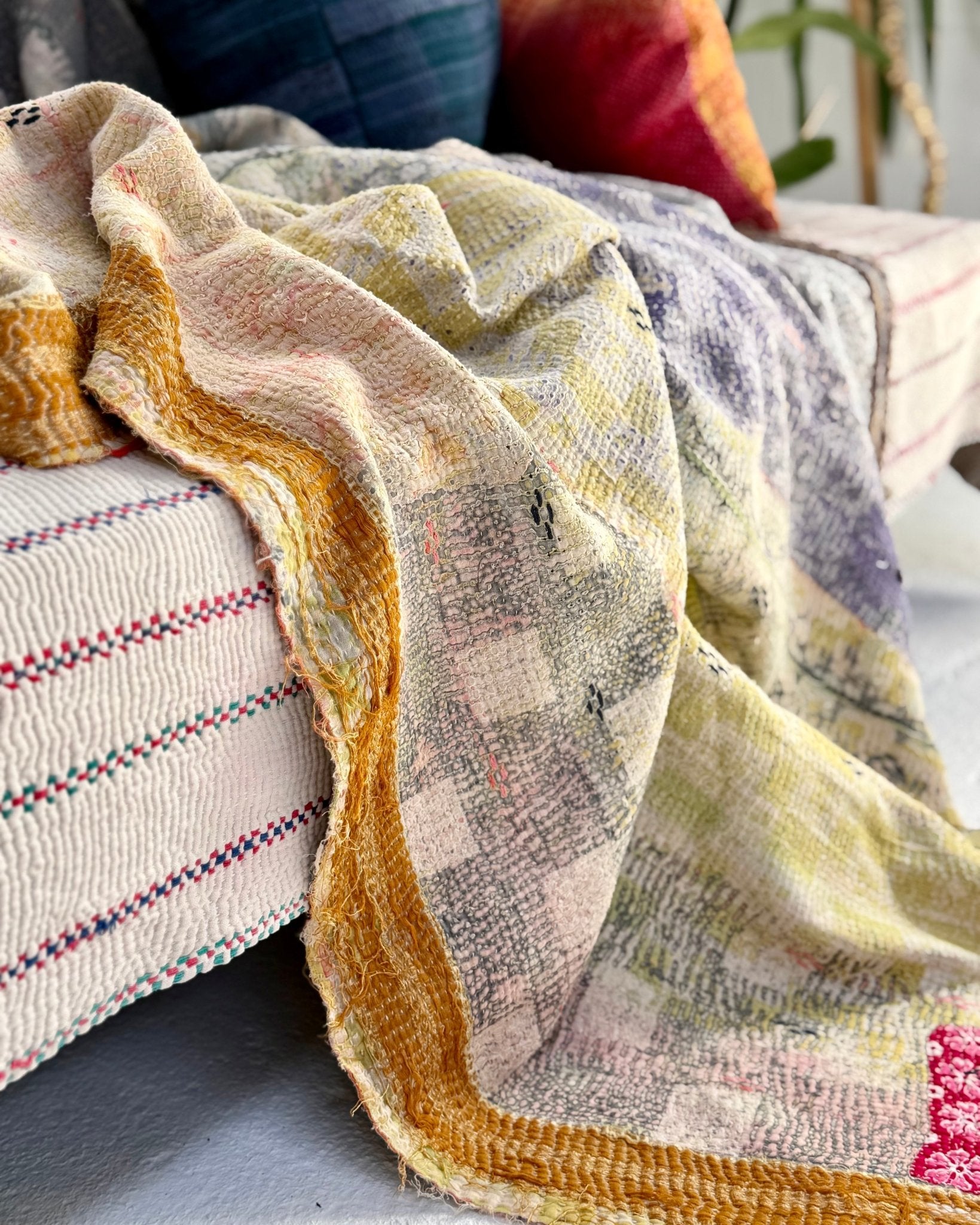 Textured Vintage Kantha Quilt In Blue and Gold - Biggs & Hill