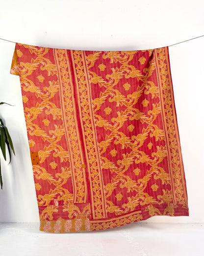 Large Fine Stitched Vintage Kantha Quilt in Mustard and Pink