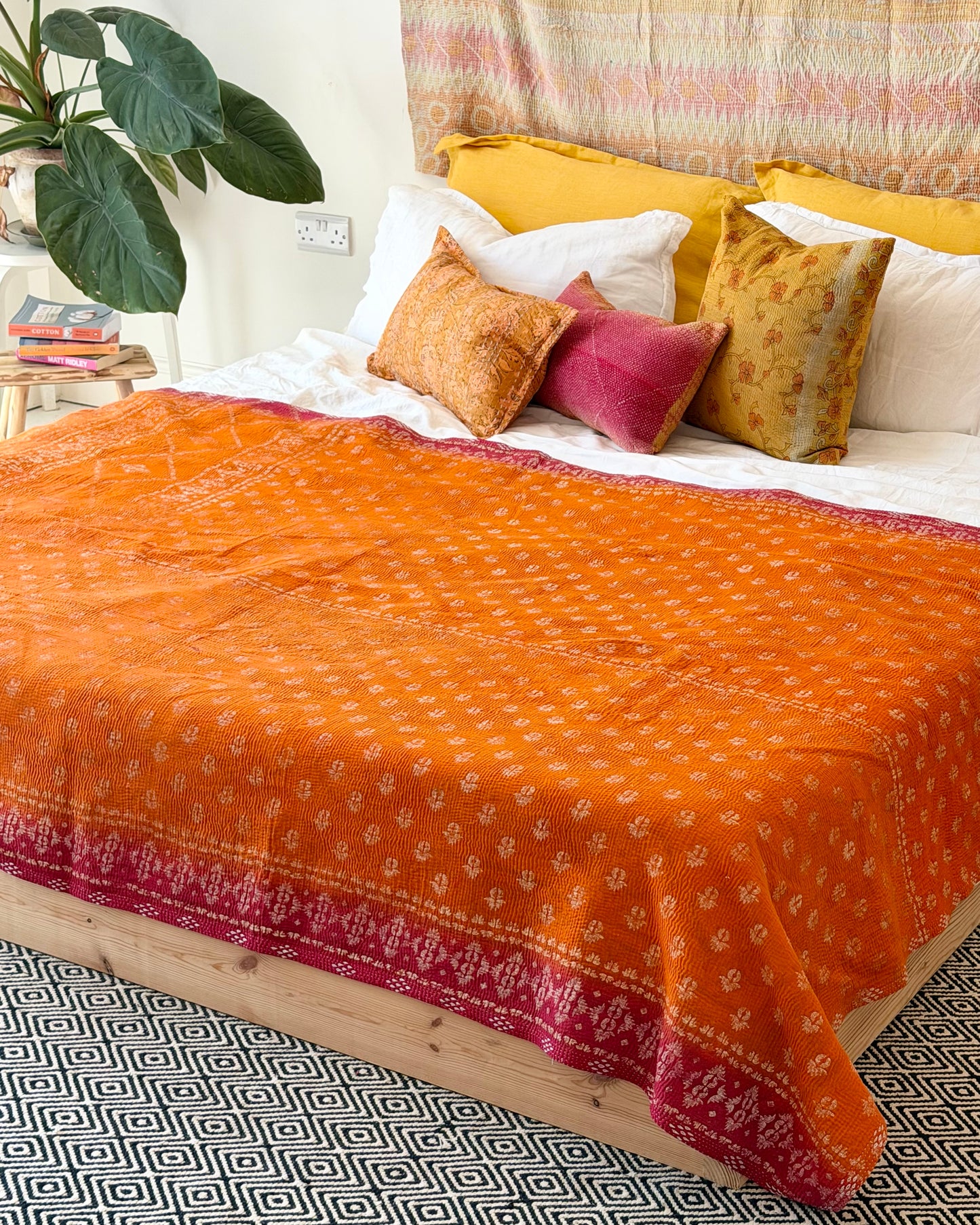 Extra Large Fine Stitched Vintage Kantha Quilt in Yellow and Orange