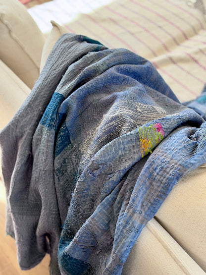 Textured Indigo Print Kantha Quilt