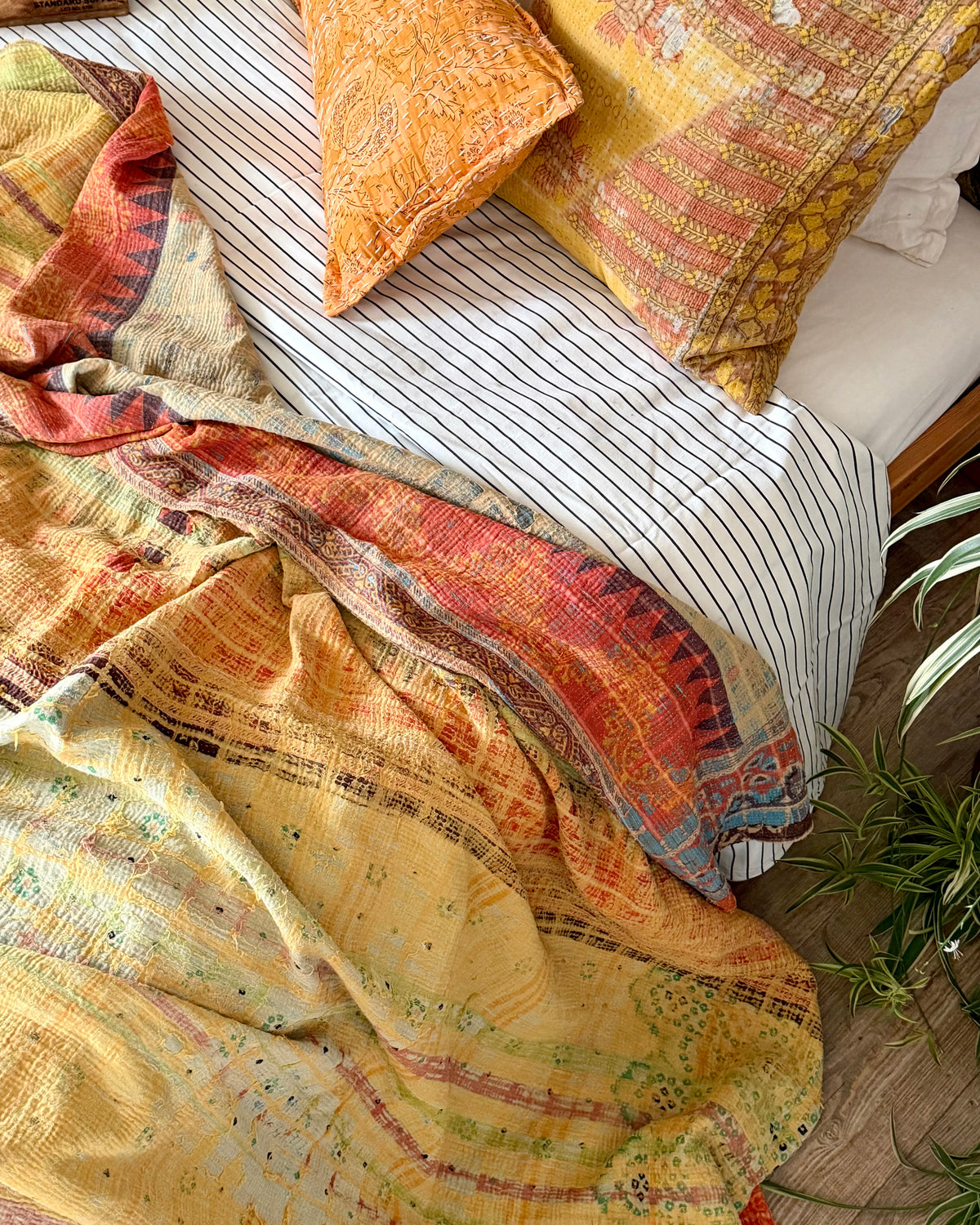 Large Textured Vintage Kantha Quilt In Soft Yellow and Orange