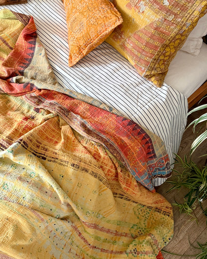 Large Textured Vintage Kantha Quilt In Soft Yellow and Orange