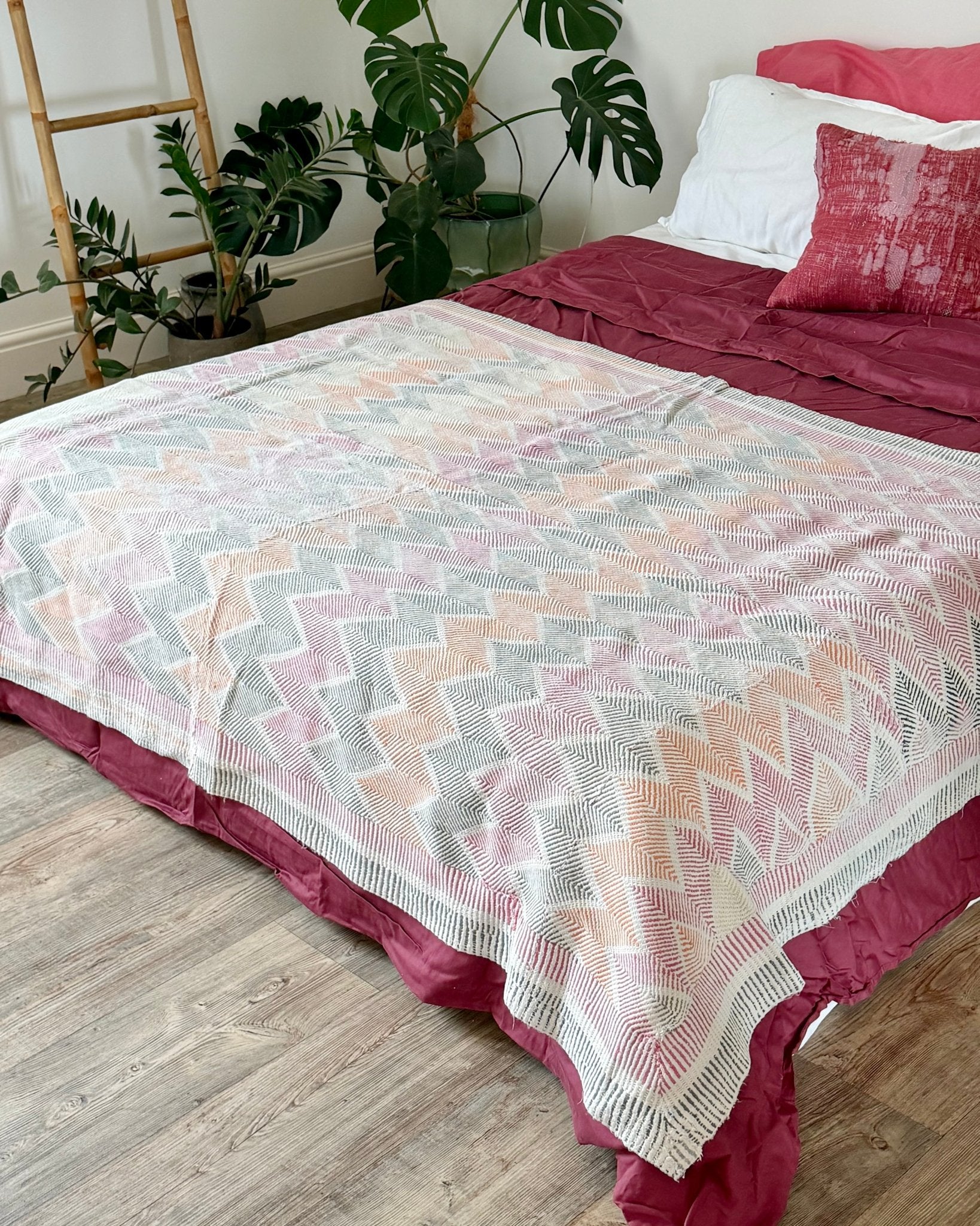 Heavy Vintage Lohori Kantha Quilt in Pink and Yellow Zig Zags - Biggs & Hill