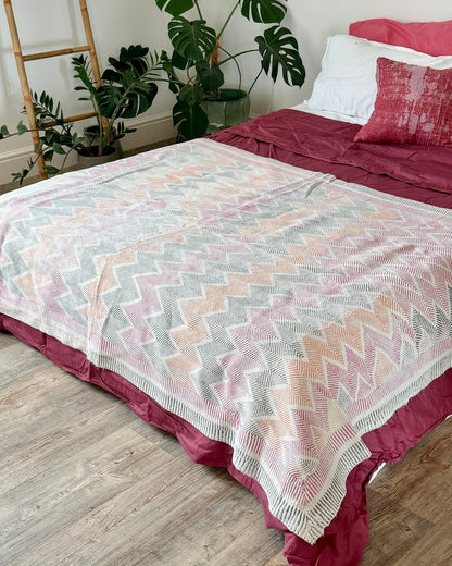 Heavy Vintage Lohori Kantha Quilt in Pink and Yellow Zig Zags - Biggs & Hill