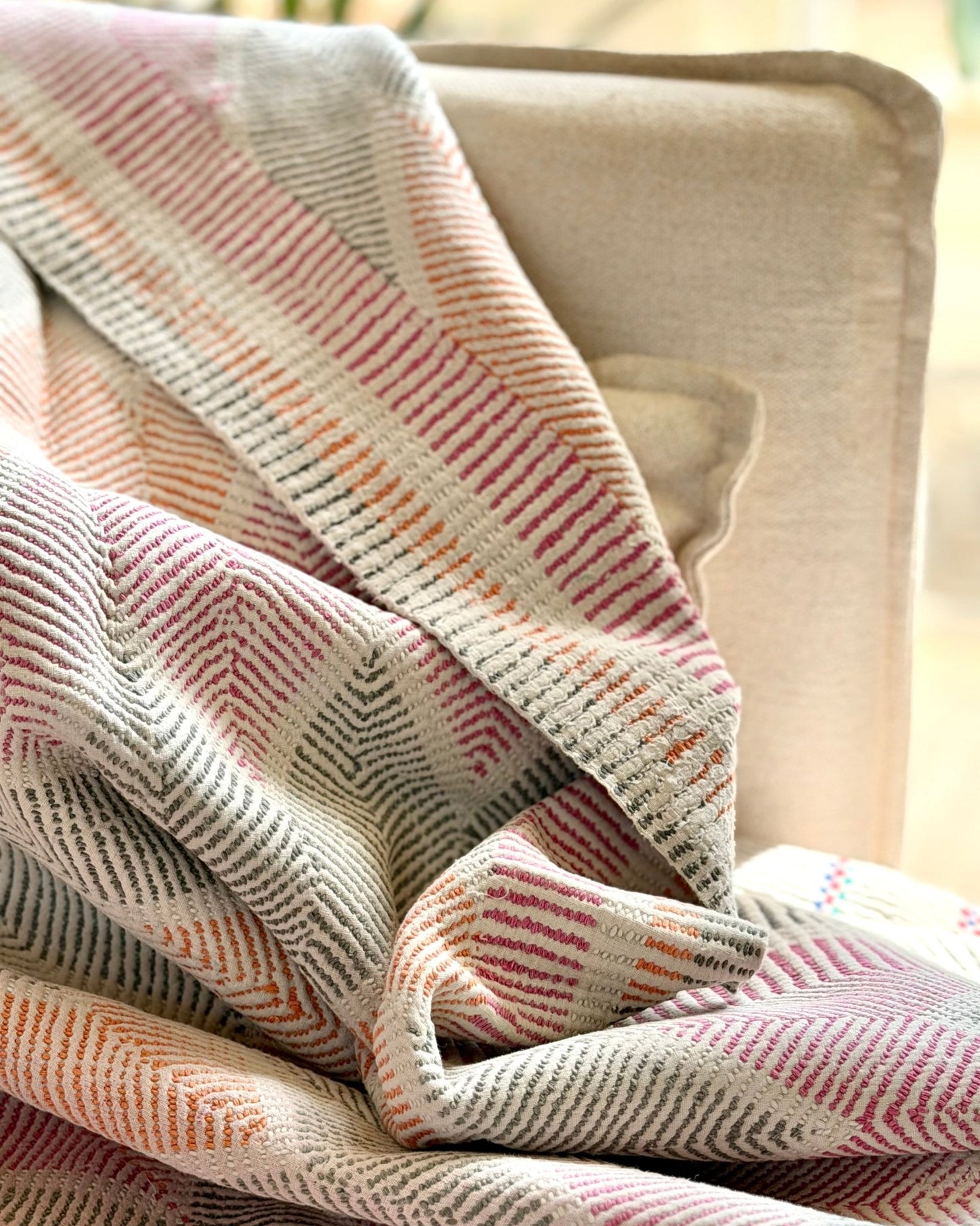 Heavy Vintage Lohori Kantha Quilt in Pink and Yellow Zig Zags - Biggs & Hill