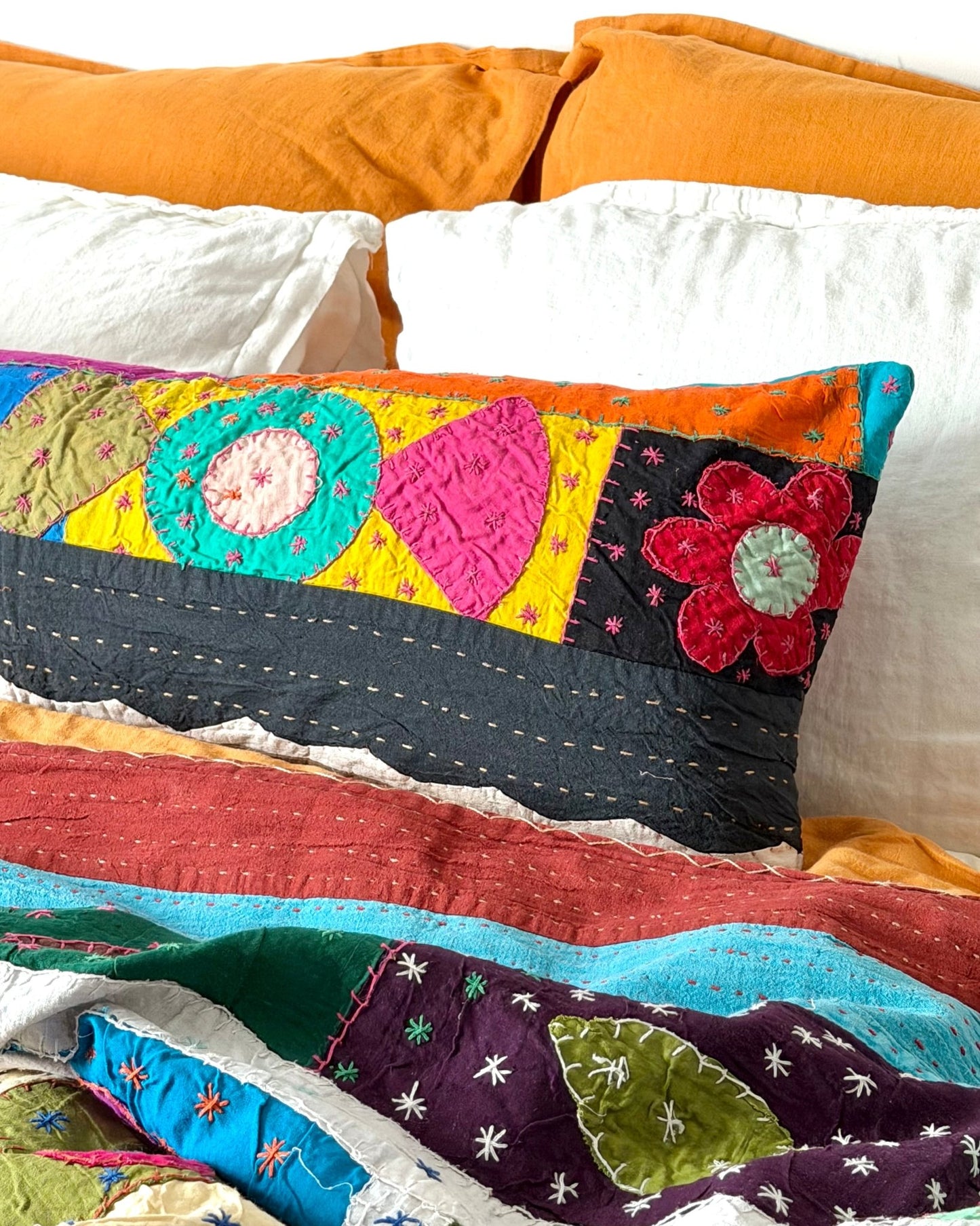 Patchwork Hand Stitched Reversible Bolster Cushion 03 - 80cm - Biggs & Hill