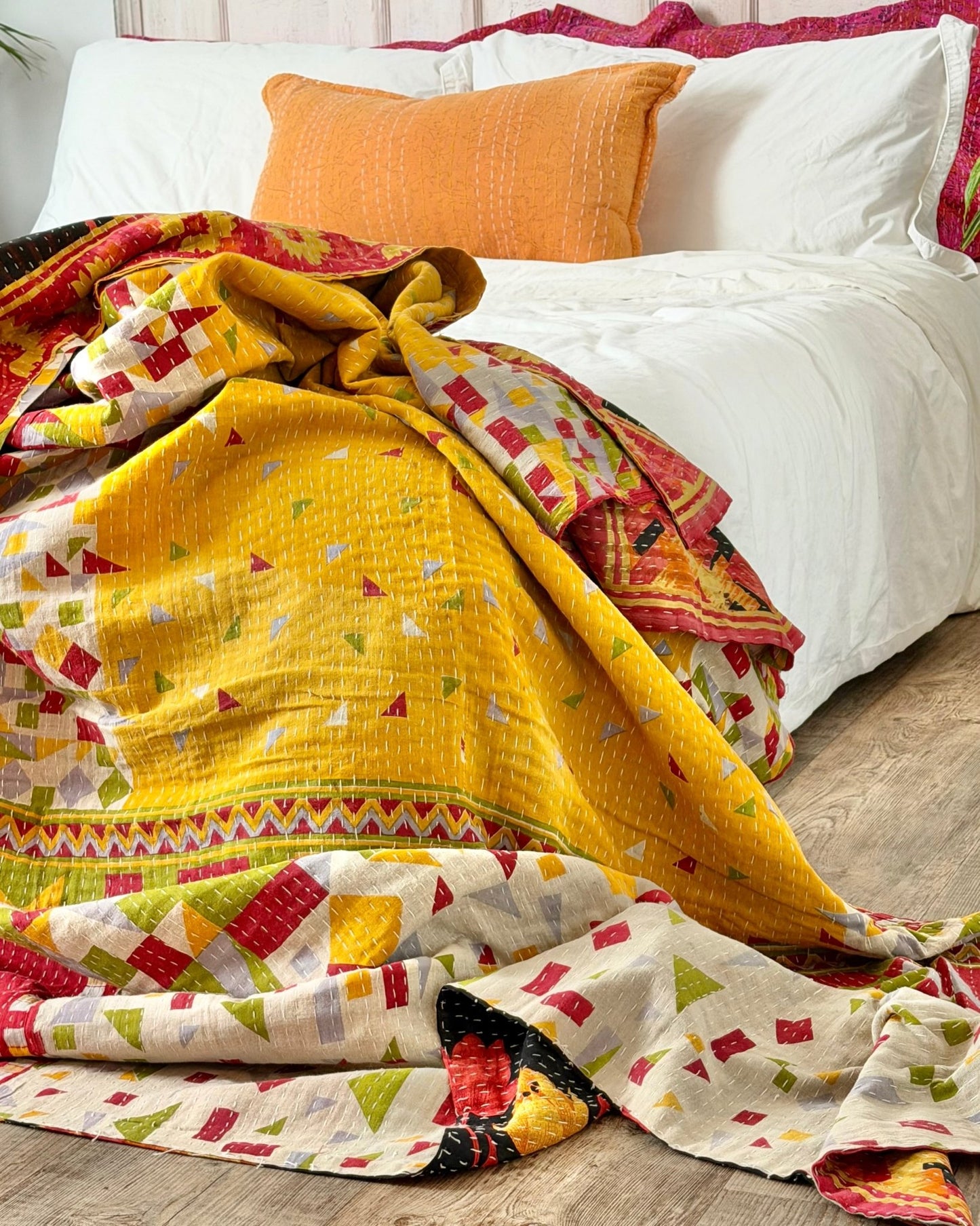 Super King Vintage Kantha Quilt in Orange, Black and Yellow - Biggs & Hill