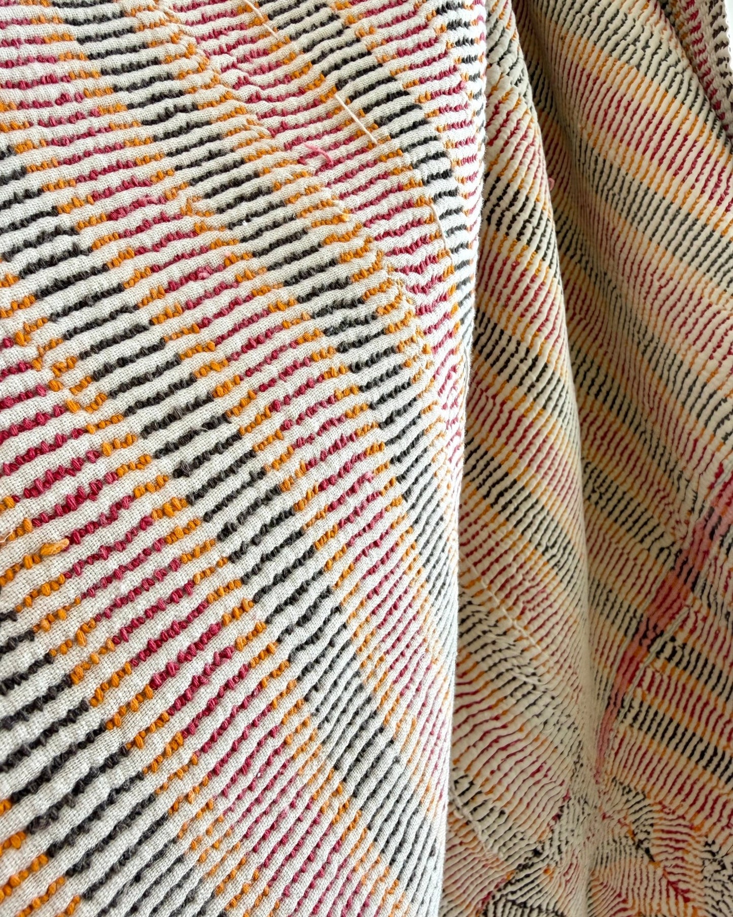 Small Heavy Vintage Lohori Kantha Quilt in Pink and Yellow Stripes - Biggs & Hill