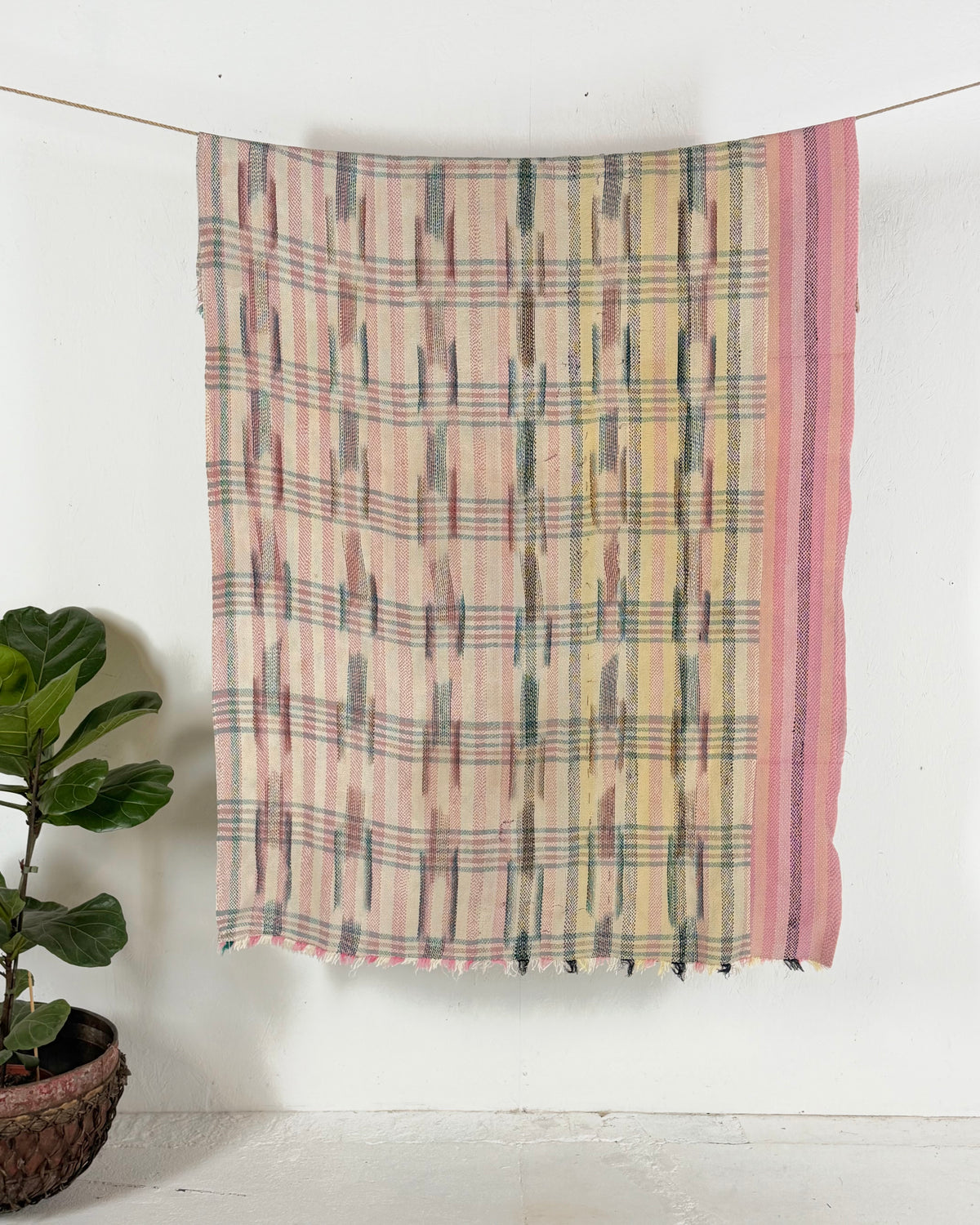 Striped Ikat Vintage Kantha Quilt in Light Pinks