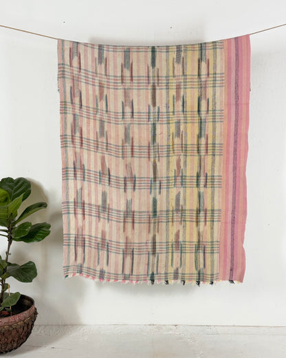 Striped Ikat Vintage Kantha Quilt in Light Pinks