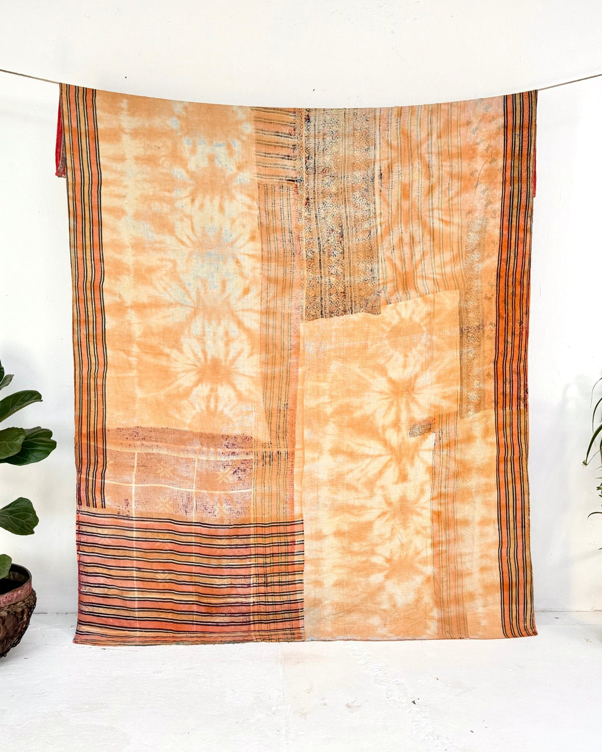 Extra Large Fine Stitched Vintage Kantha Quilt in Peachy Orange and Red - Biggs & Hill