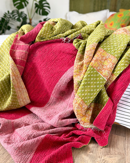 Extra Large Fine Stitched Vintage Kantha Quilt in Pink Stripes and Green