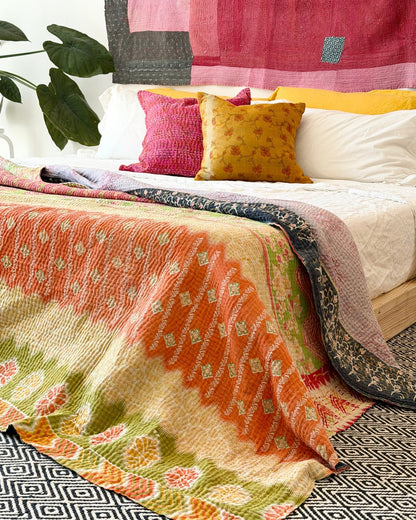 Large Fine Stitched Vintage Kantha Quilt in Orange, Green, Lilac and Yellow - Biggs & Hill