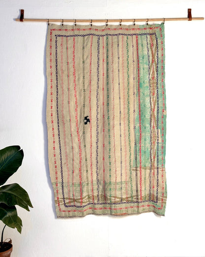 Embroidered and Textured Vintage Kantha Quilt In Green and Light Pink - Biggs & Hill