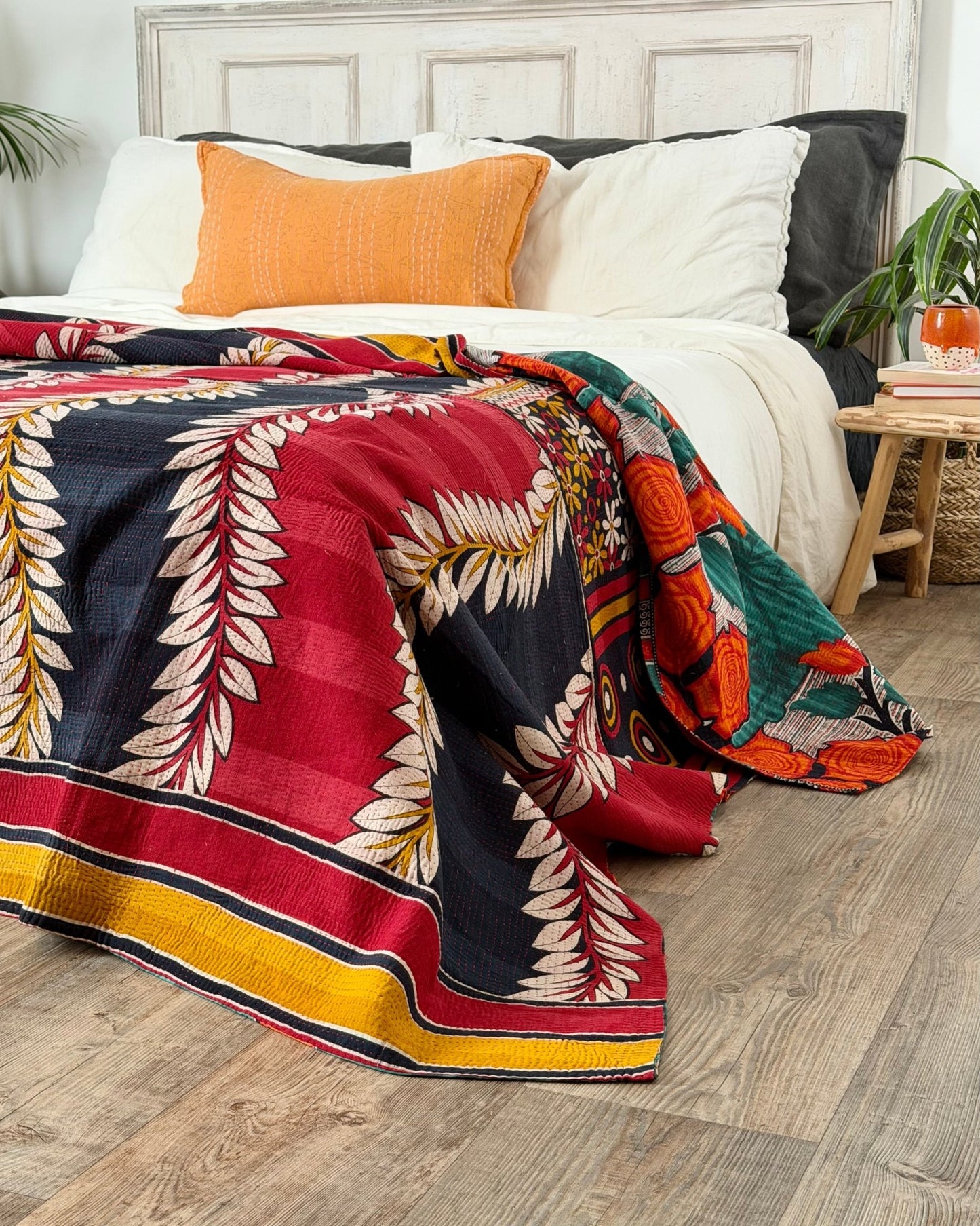 Extra Large Fine Stitched Vintage Kantha Quilt in Red, Navy and Green - Biggs & Hill