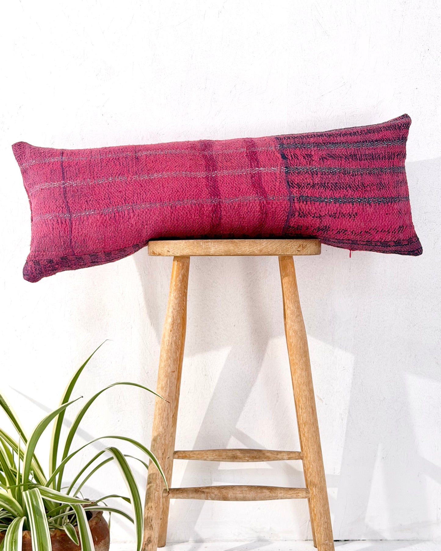 Vintage Kantha Bolster Cushion Cover In Pink With Embroidered Stripes - 80cm