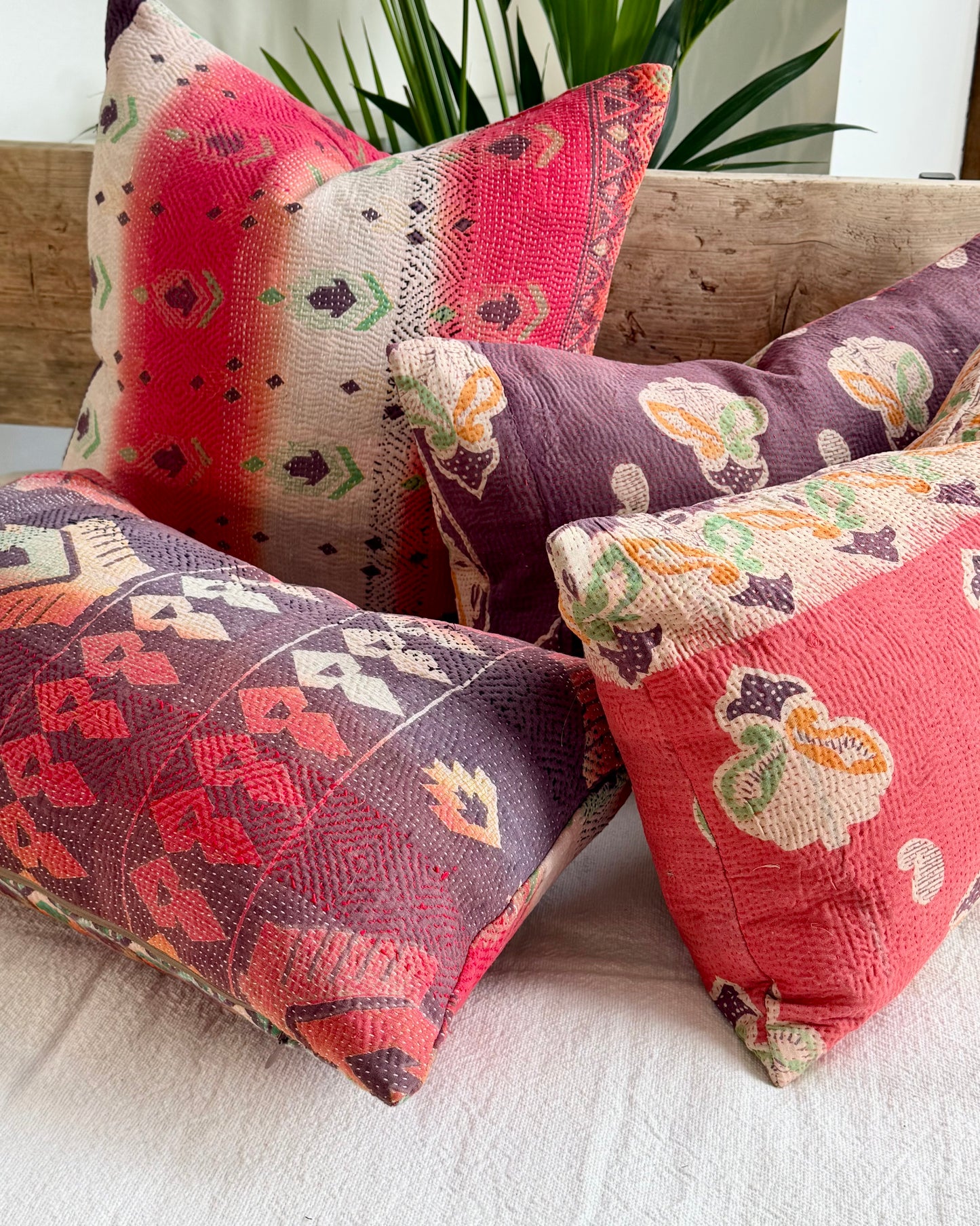 Vintage Kantha Cushion In Pink, White and Purple - 45cm Square