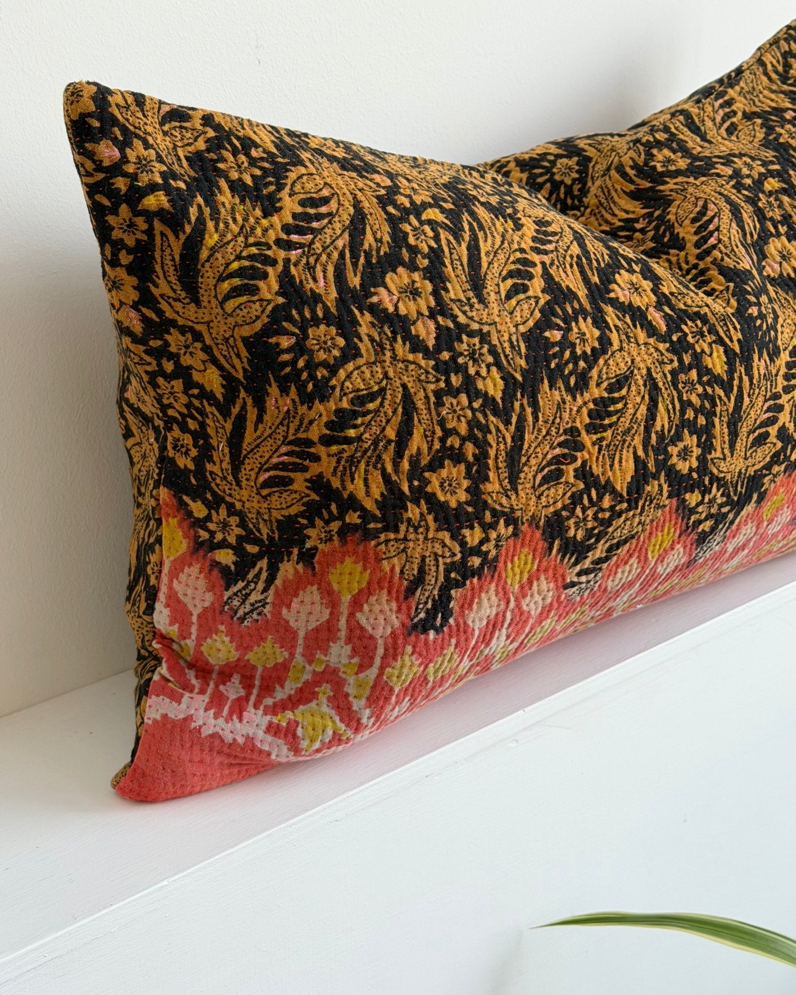 Vintage Kantha Cushion In Orange, Black and Gold - Small Rectangular - Biggs & Hill