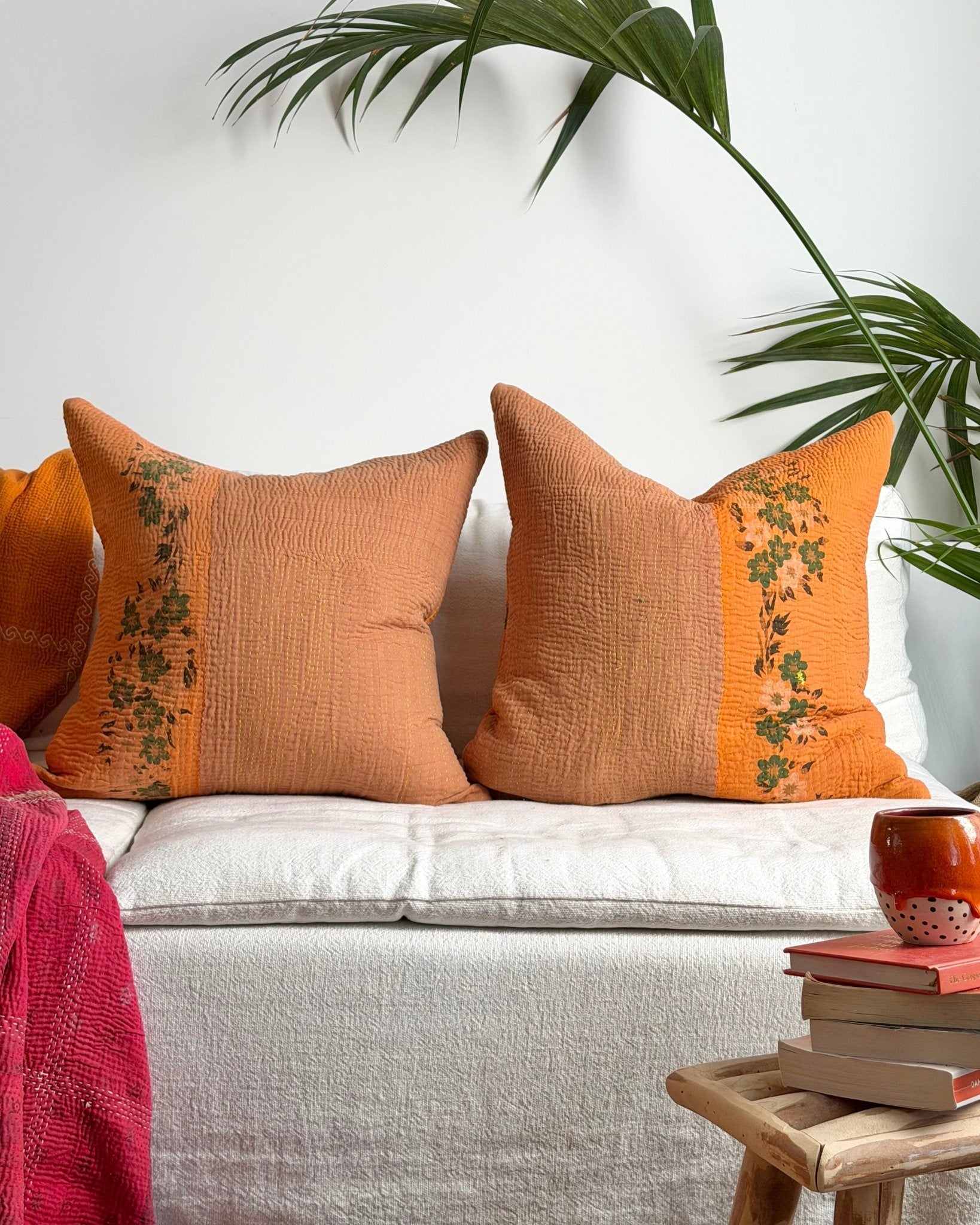 Vintage Kantha Cushion In Orange and Brown Floral 04 - 50cm Square - Biggs & Hill