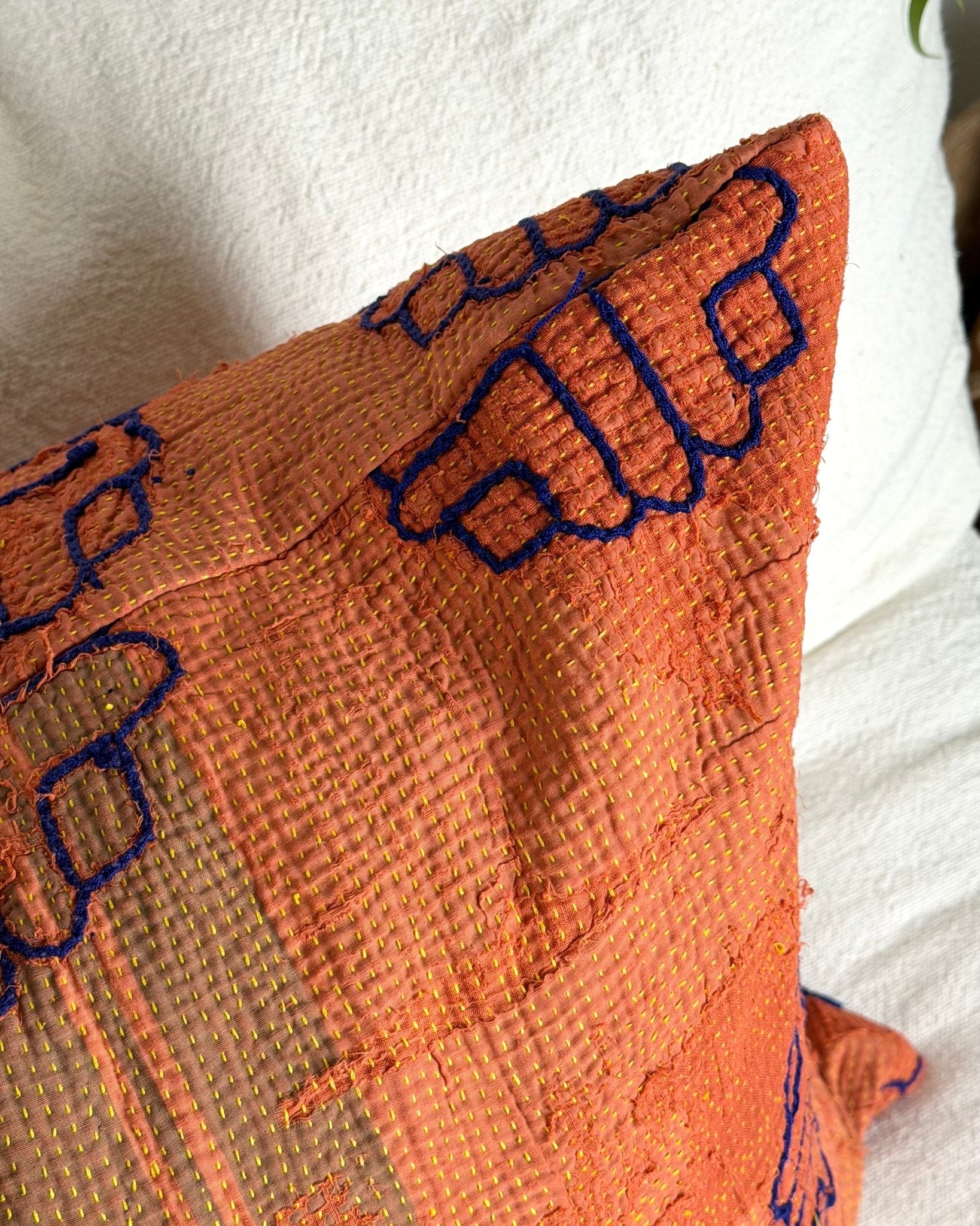 Vintage Kantha Cushion In Terracotta 05 - 50cm Square - Biggs & Hill