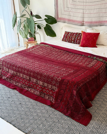 Extra Large Ajrakh Printed Vintage Kantha Quilt In Deep Red - Biggs & Hill