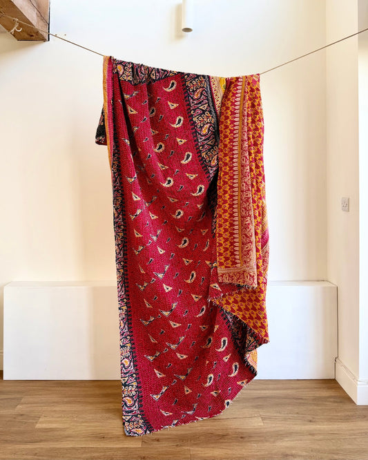 Super King Vintage Kantha Quilt in Red, Black and Orange - Biggs & Hill
